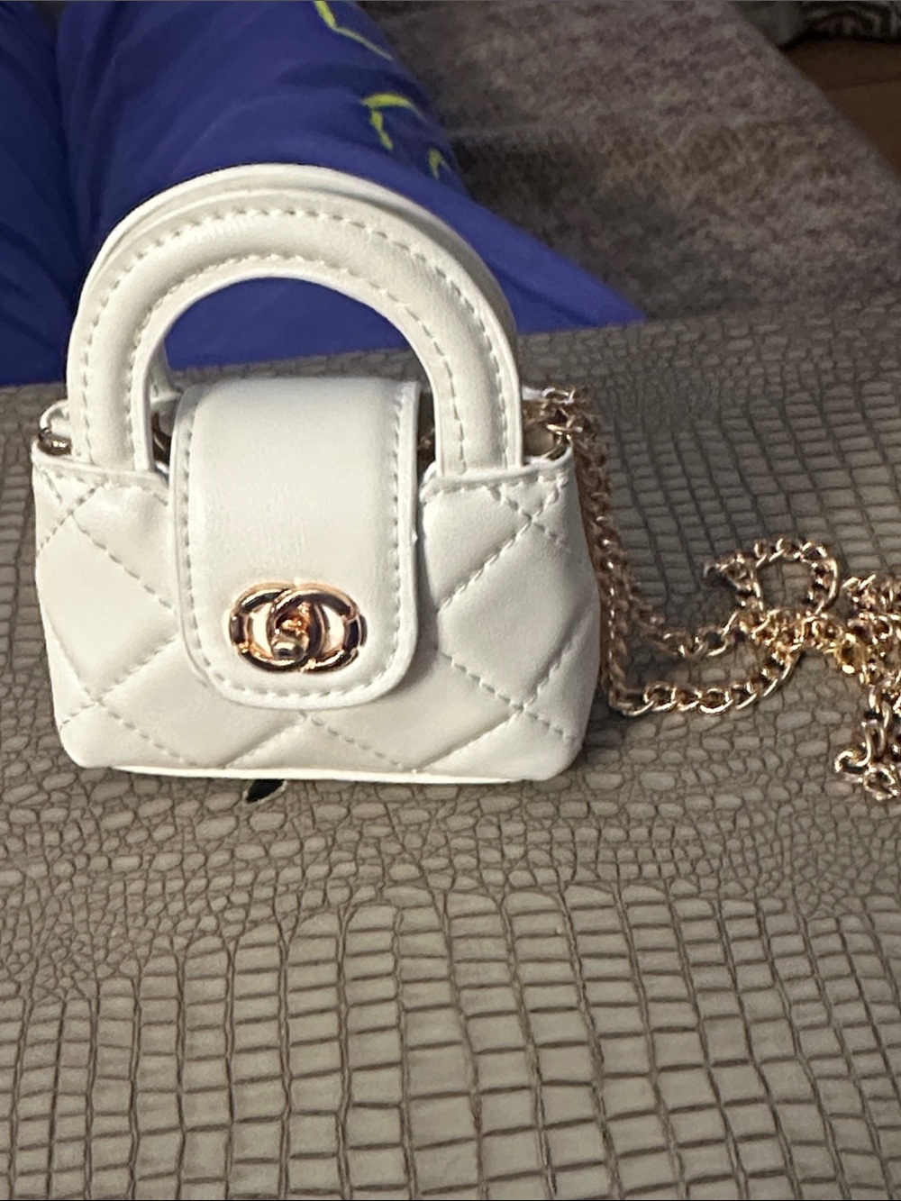 White Quilted Mini Crossbody Bag with Gold Chain